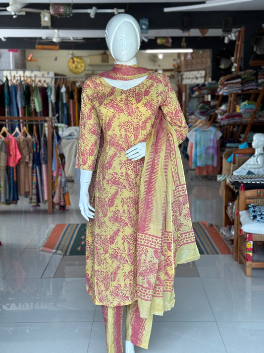 Yellow and pink leaf pattern soft batik cotton A-line kurta, dupatta and pants -  3 piece suit set