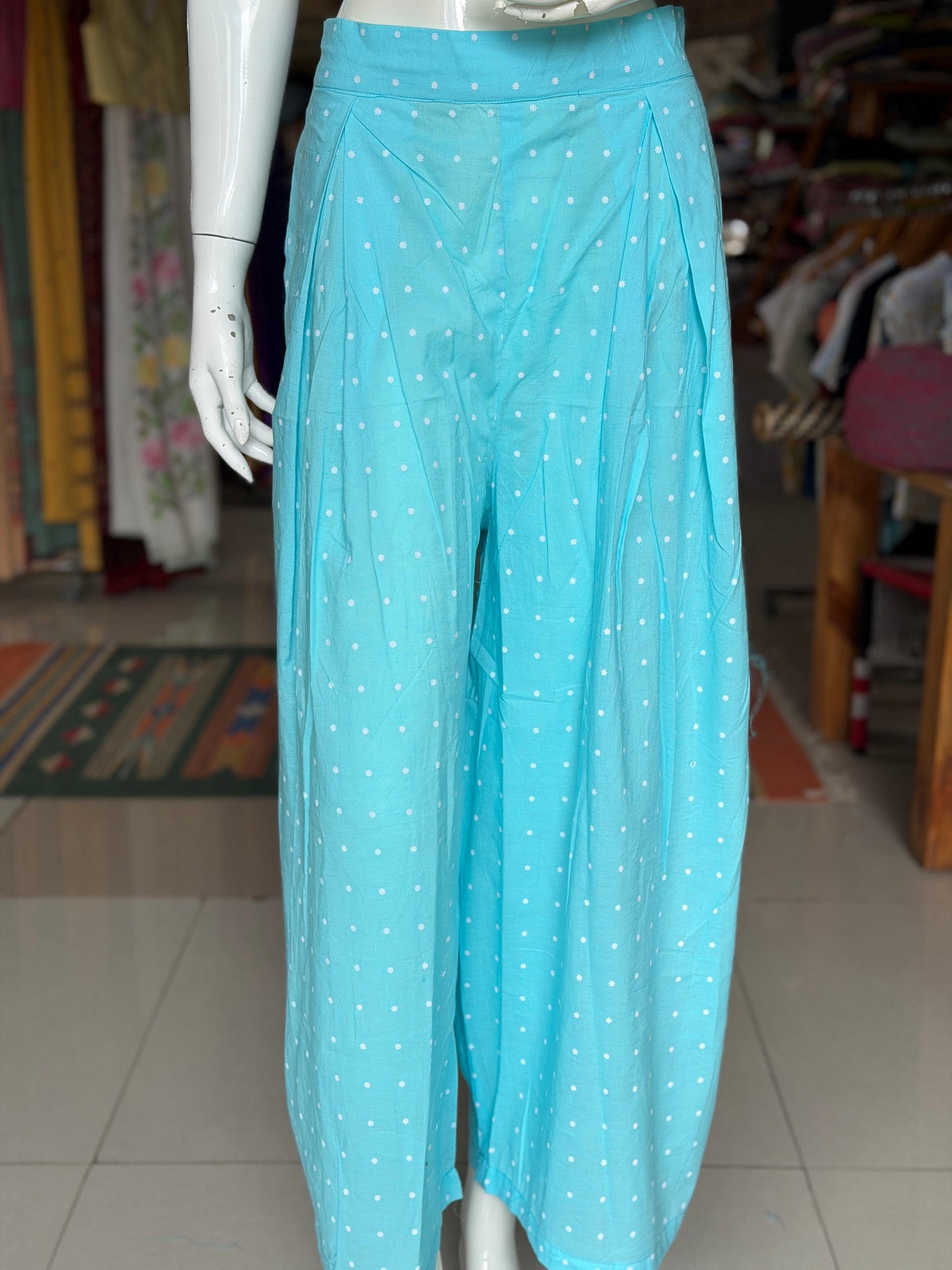 Blue cypress print cotton kurti paired with a matching dots print barrel pants - 2 piece set