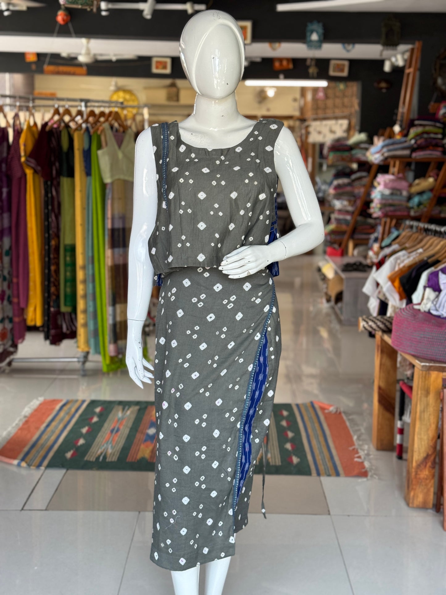 4 way handcrafted cotton coord set - free sized side ties crop top and calf length wrap around skirt