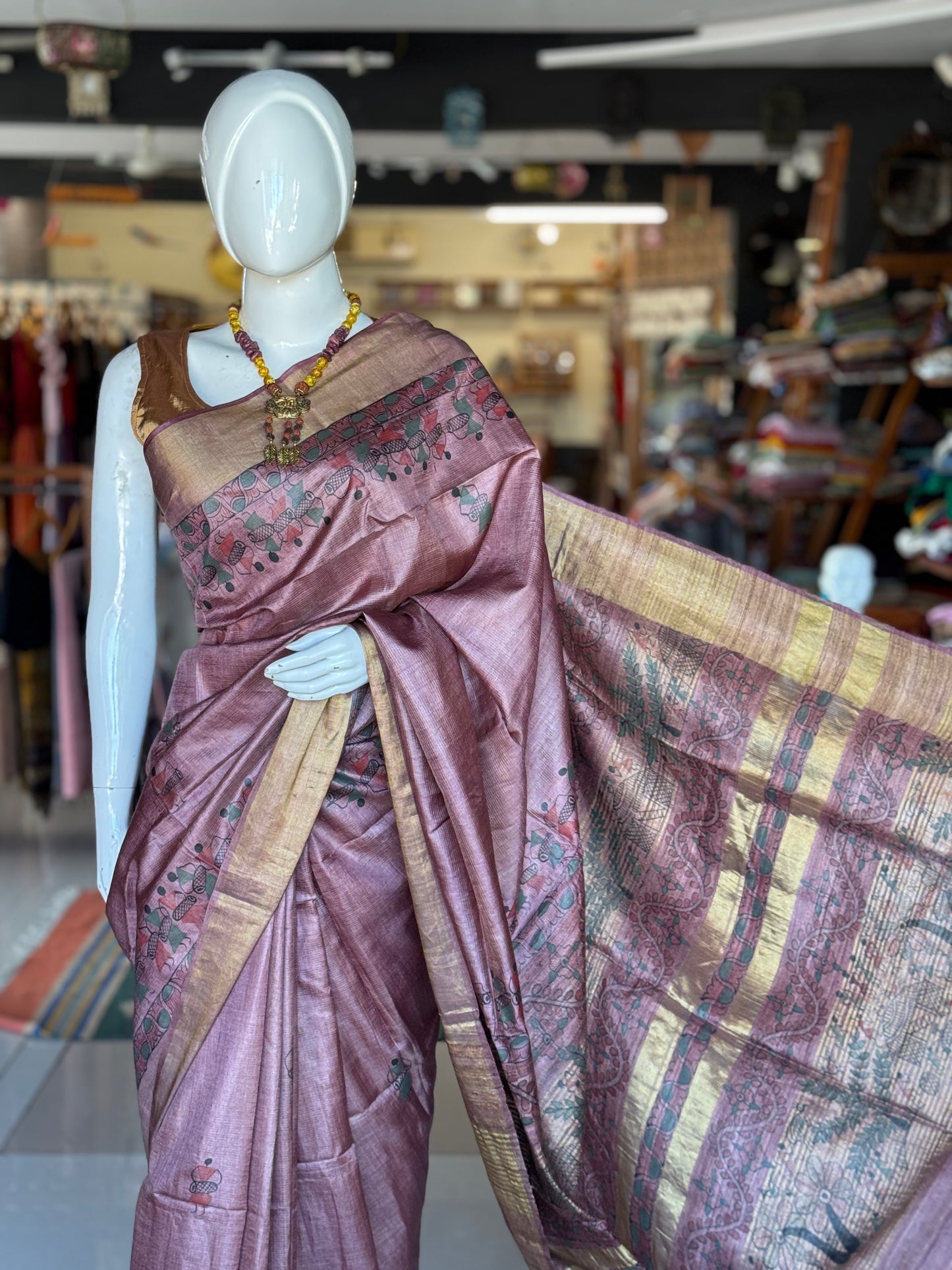 Mauve tone tussar silk hand woven, Warli hand painted saree