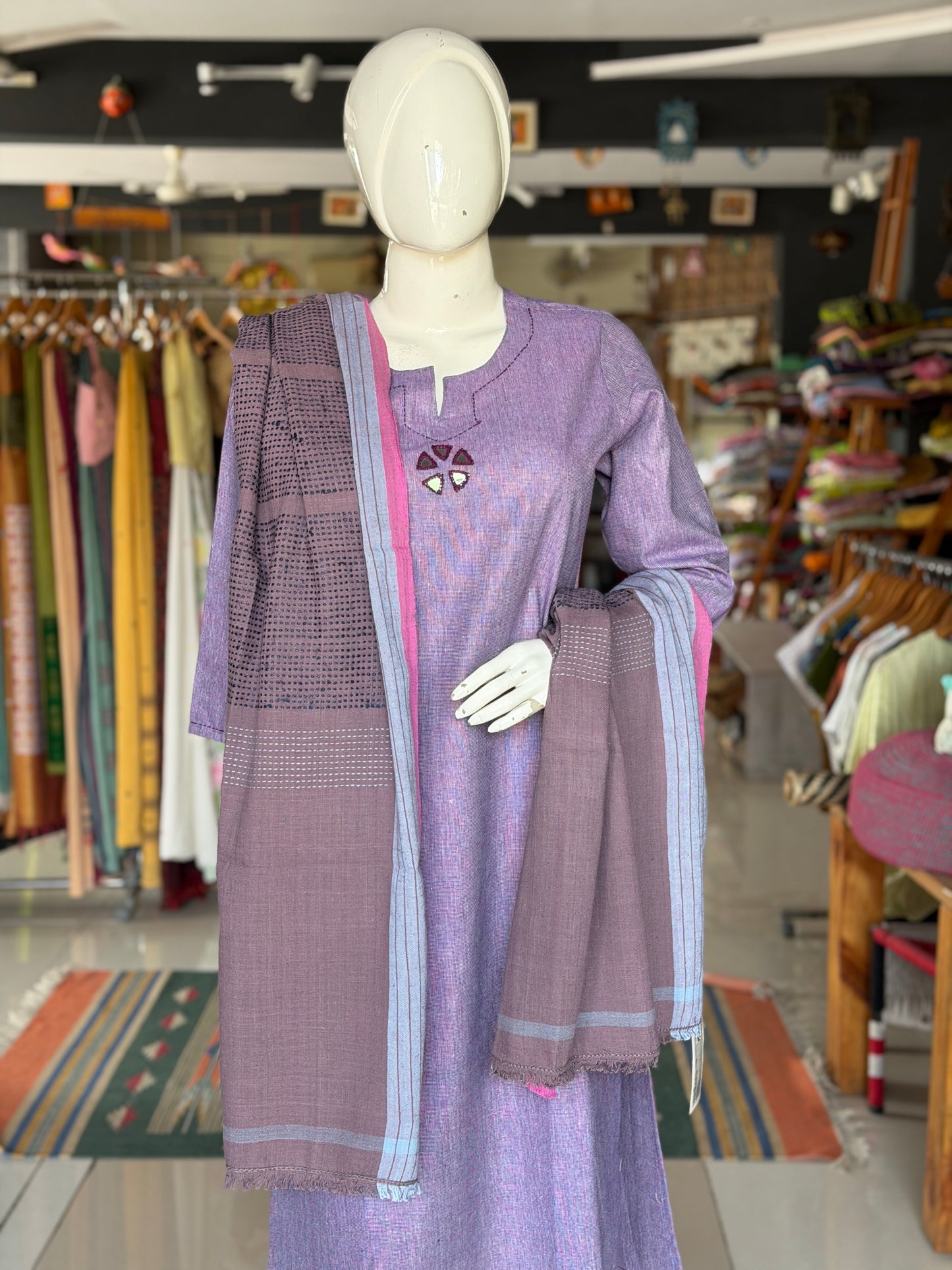 Aubergine and pink hand spun, hand woven cotton dupatta with blue woven lines