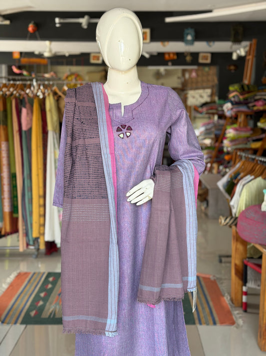 Aubergine and pink hand spun, hand woven cotton dupatta with blue woven lines