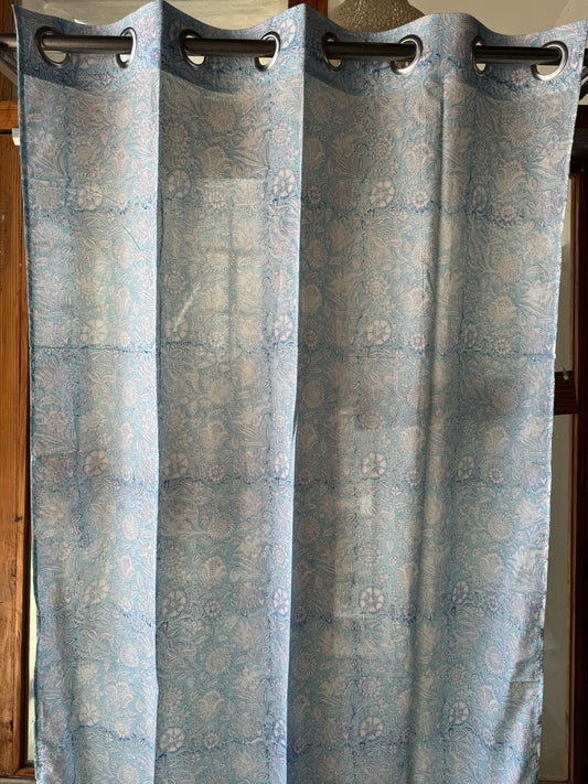 Blue hand block printed cotton 7 feet door length curtain