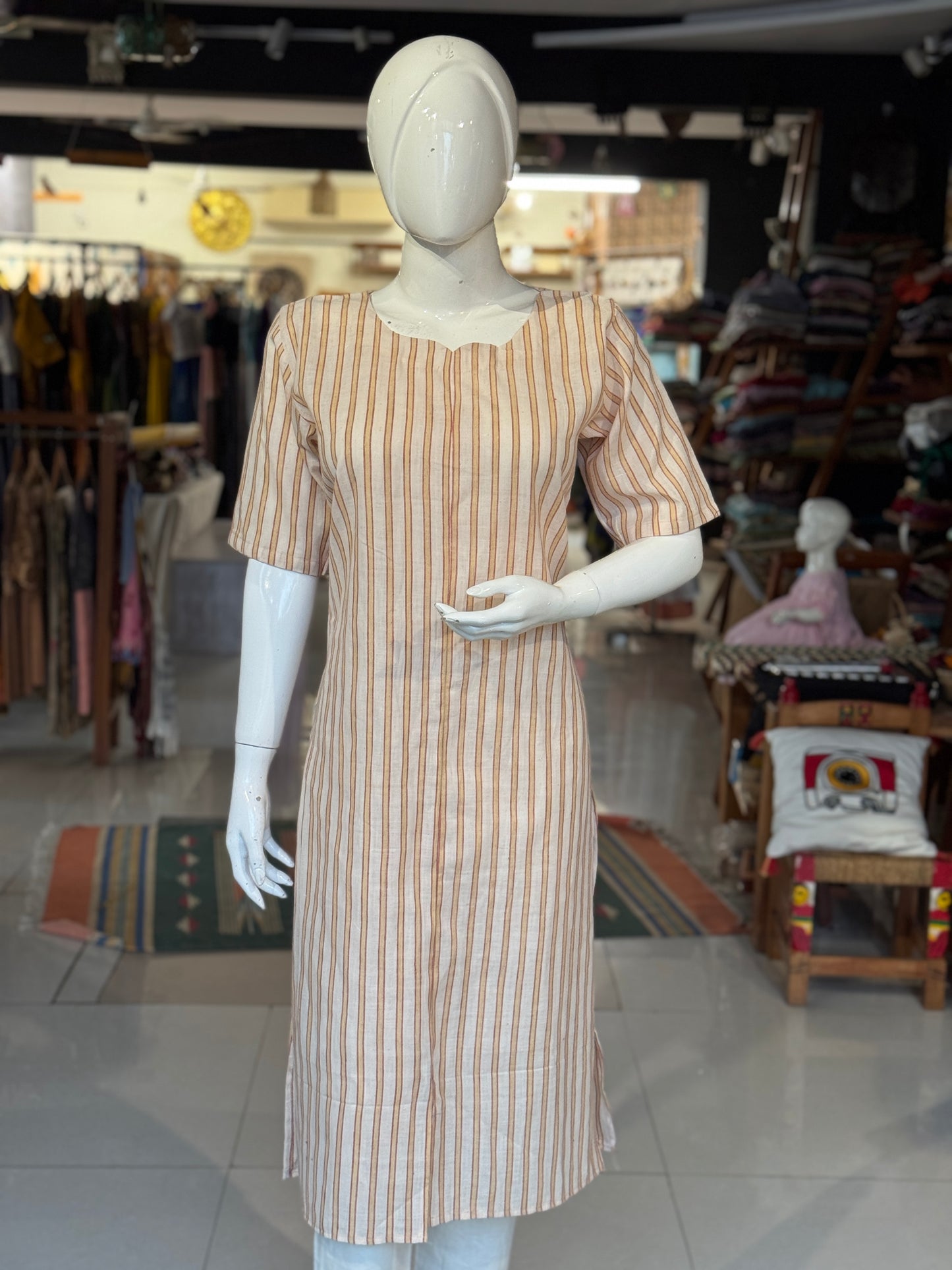 Yellow off white stripes straight kurti - hand spun, handwoven, natural dyed cotton straight kurti