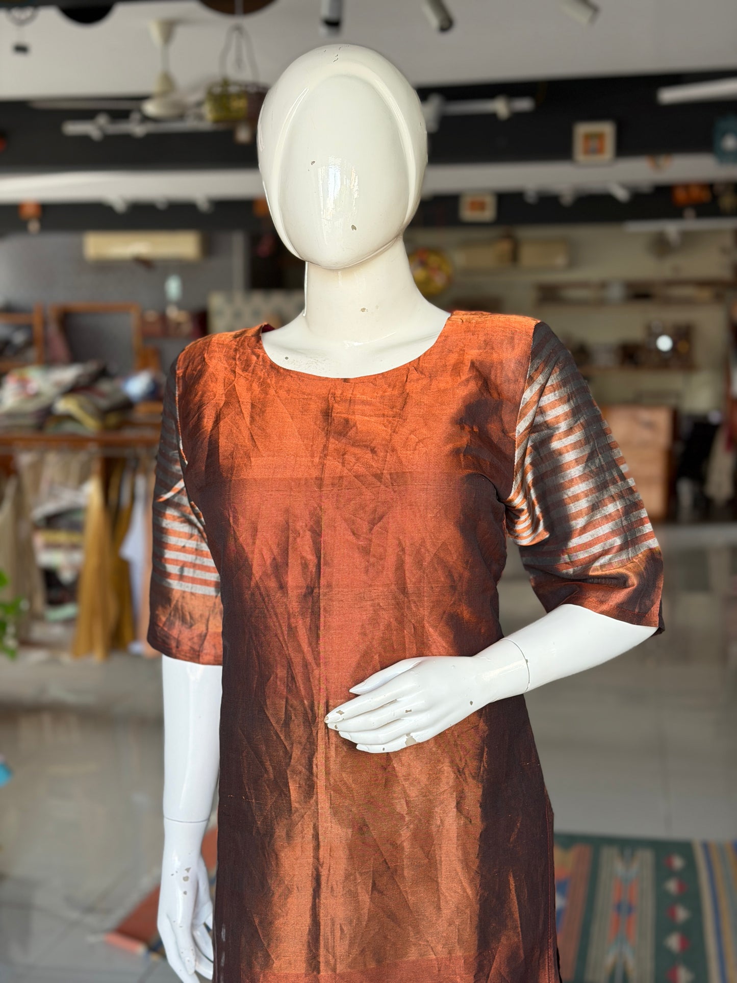 Brown Maheshwari tissue cotton handwoven straight kurti with silver stripes at hem