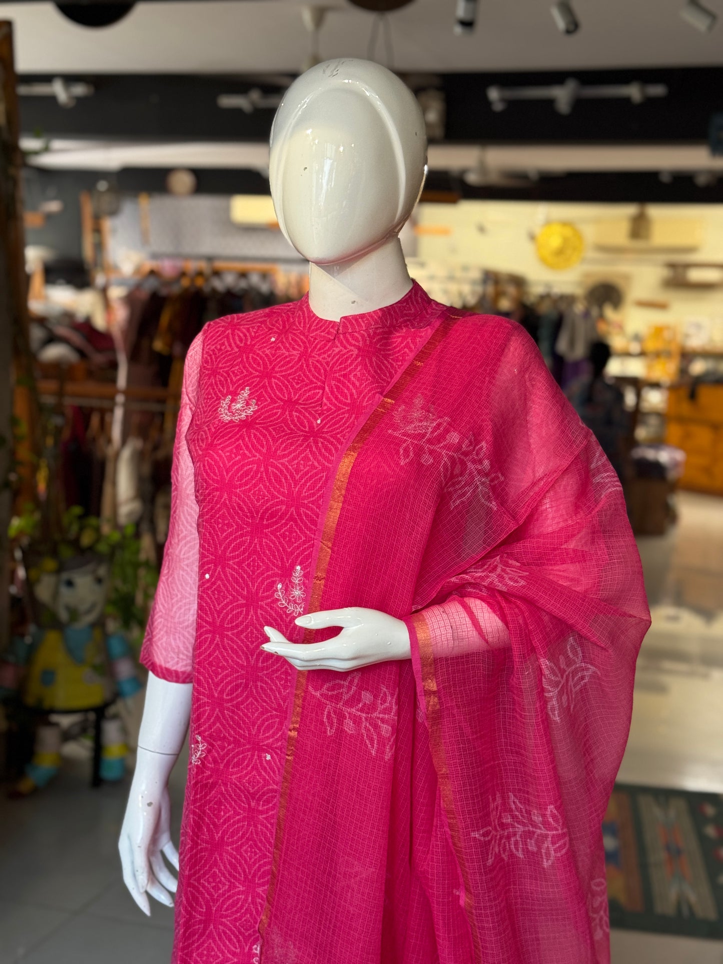 Pink hand block printed kota cotton straight kurti, pants and dupatta set - with hand embroidery