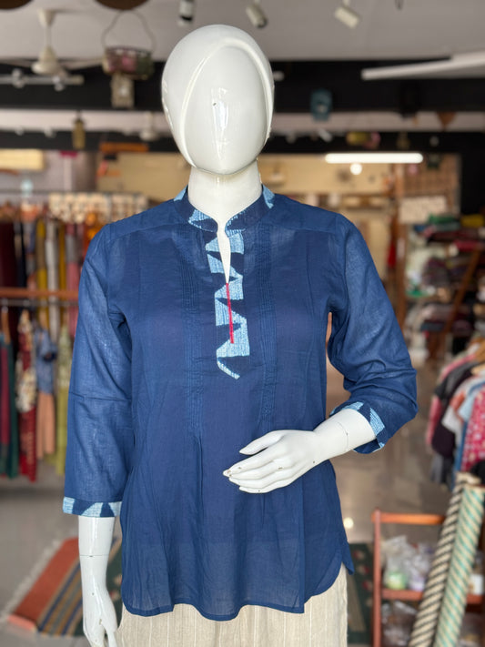 Indigo Blue needle Shibori tie n dye cotton top / short kurti