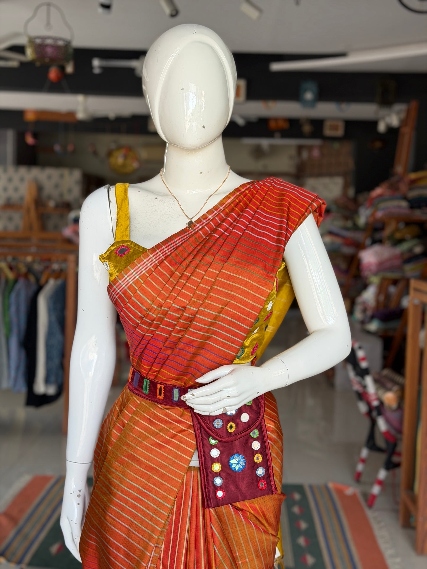 Mashru belt with attached phone pouch - hand embroidered mirror work
