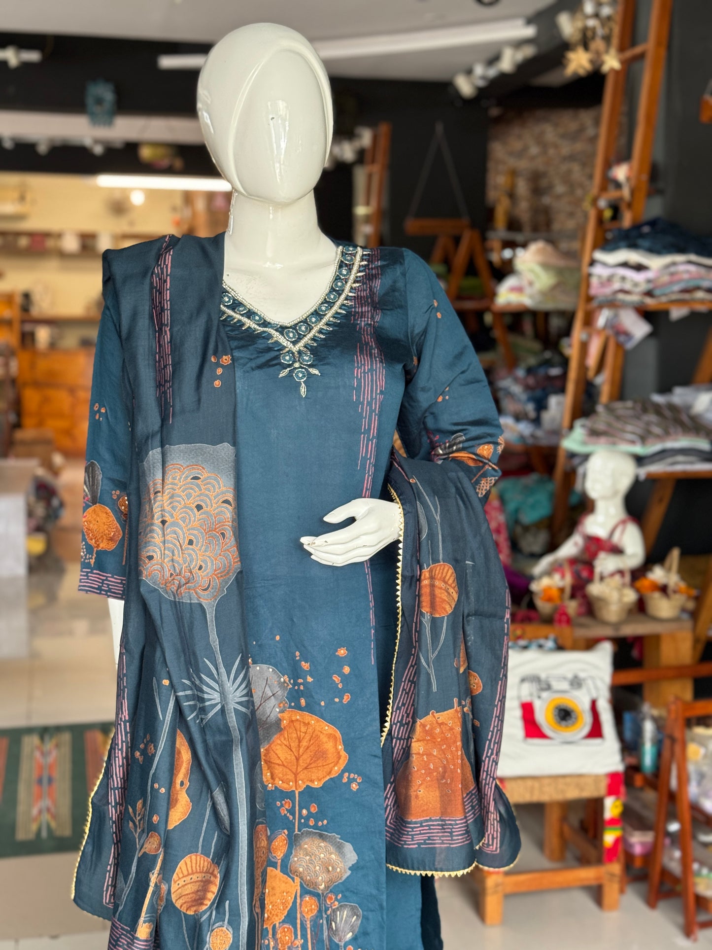 Teal blue panel printed floral modal suit set with matching straight pants and dupatta - 3 piece set