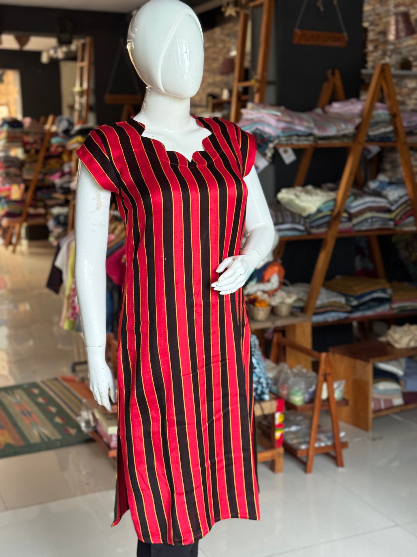 Mashru straight kurti in red and black stripes