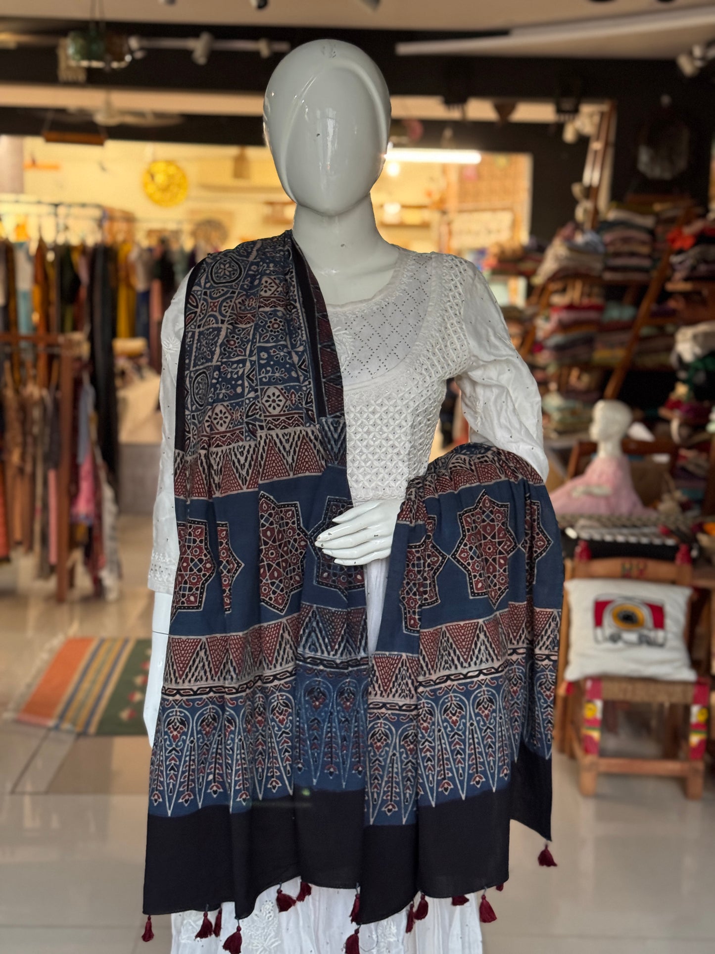 Ajrakh natural dye, hand block printed 60s cotton dupatta - colour options