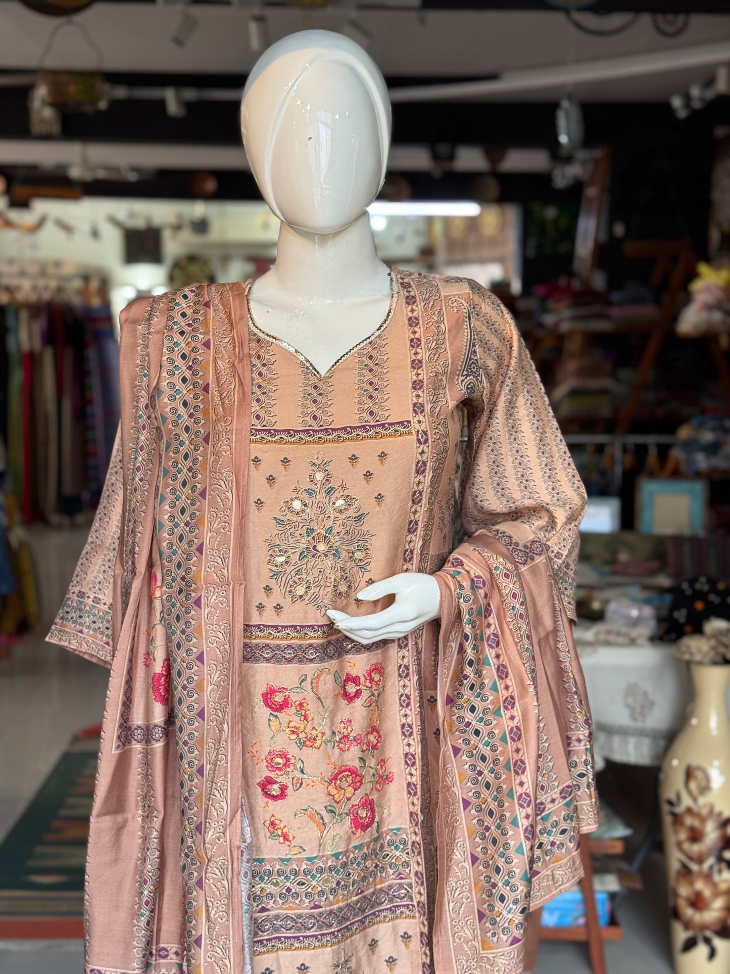 Sandal beige tone muslin embroidered 3 piece suit set - festive wear set