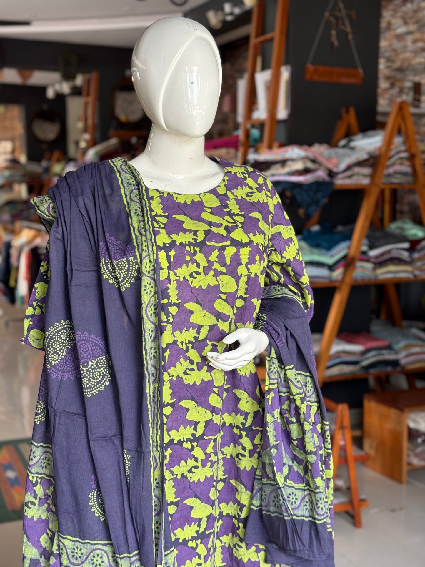 Violet n green batik cotton straight kurta, dupatta and pants -  3 piece suit set