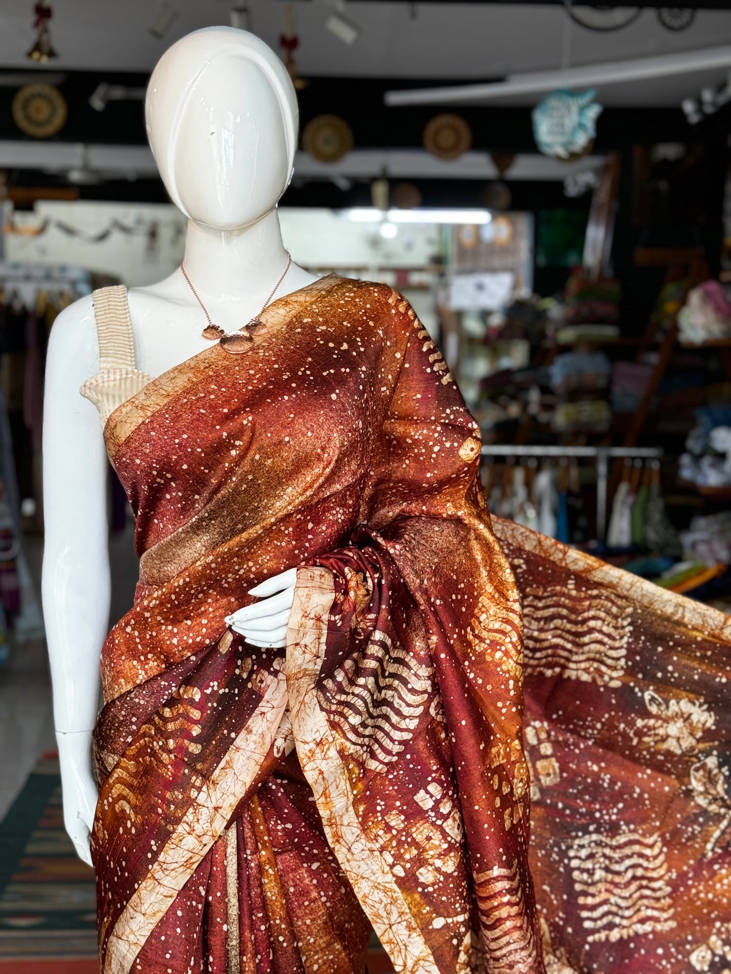 Brown and beige Bishnupruri katan silk hand batik saree