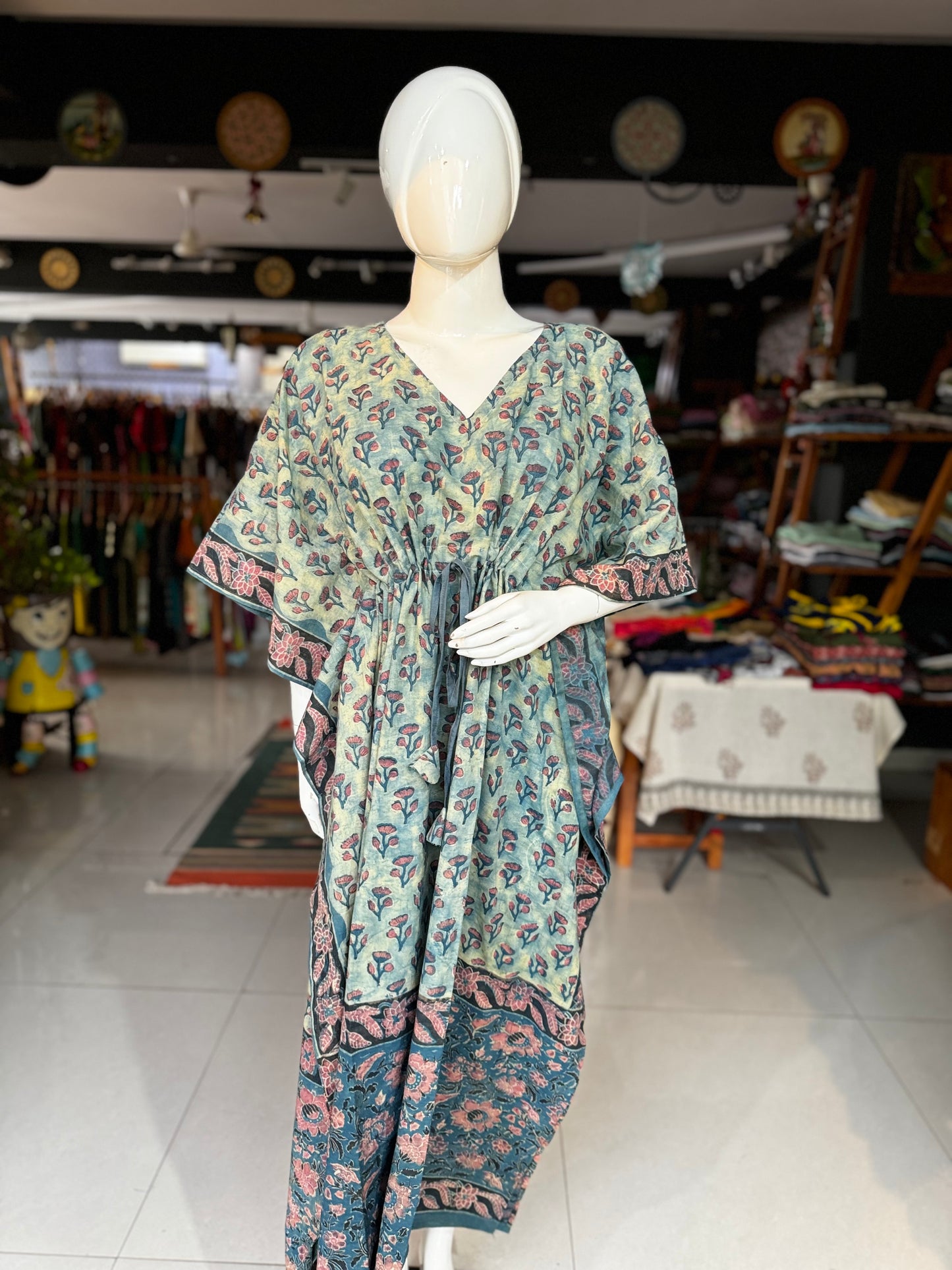 Hand block printed cotton long kaftan nighty