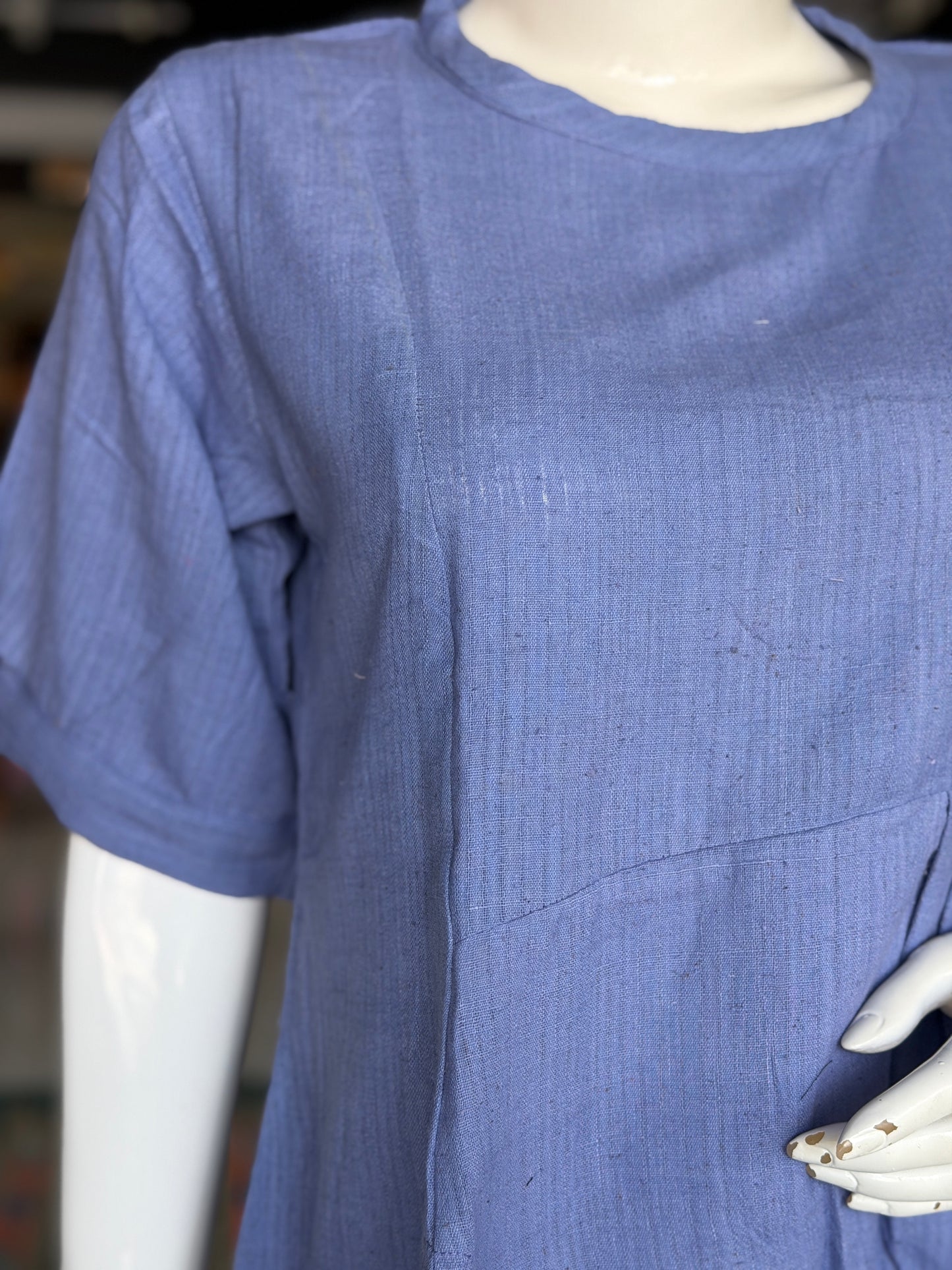 Lavender cotton top with asymmetric waist pleats - hand spun, hand woven fabric with missing thread stripes weave