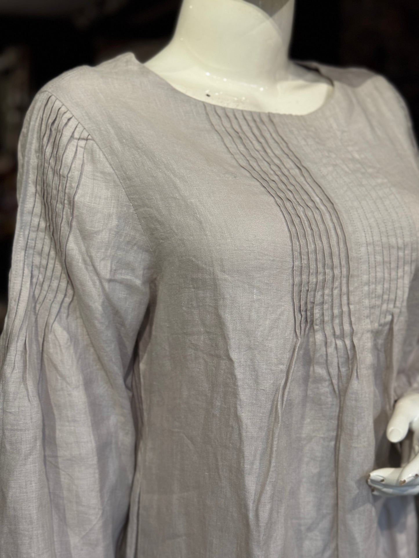 Light grey pin-tucks linen hand woven dress with long sleeves