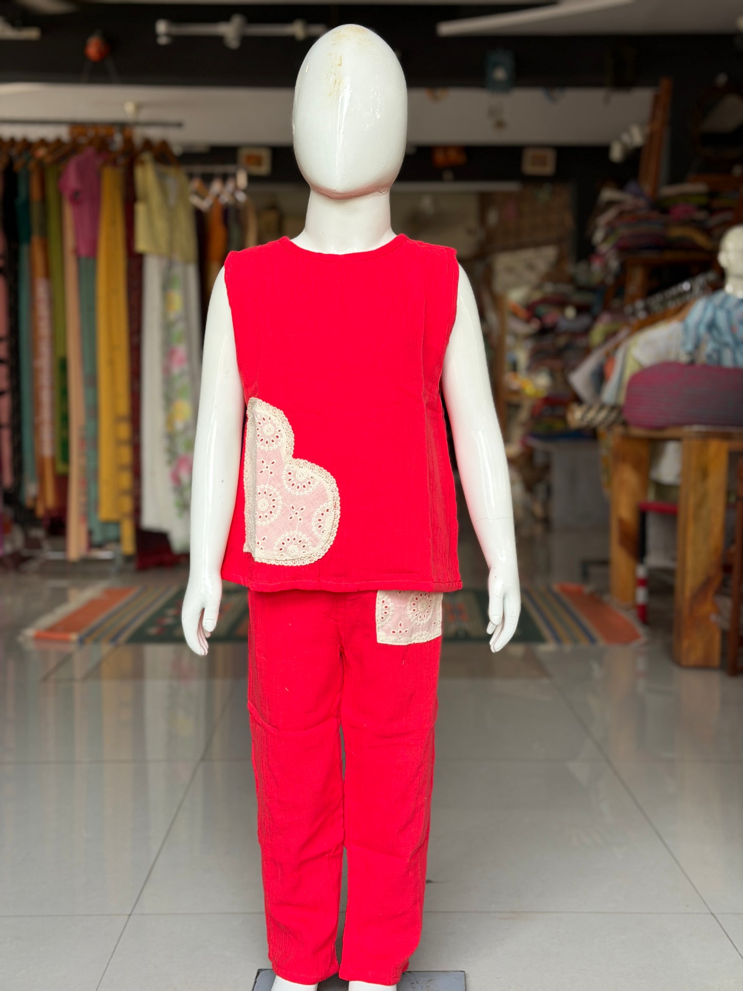 Red crop top pant coord set for girls with hakoba applique - double cotton