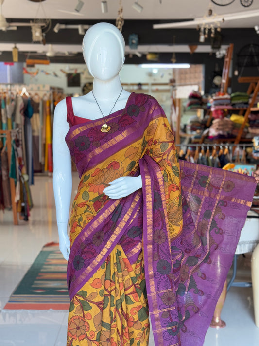 Mustard and purple floral design hand painted pen Kalamkari cotton saree