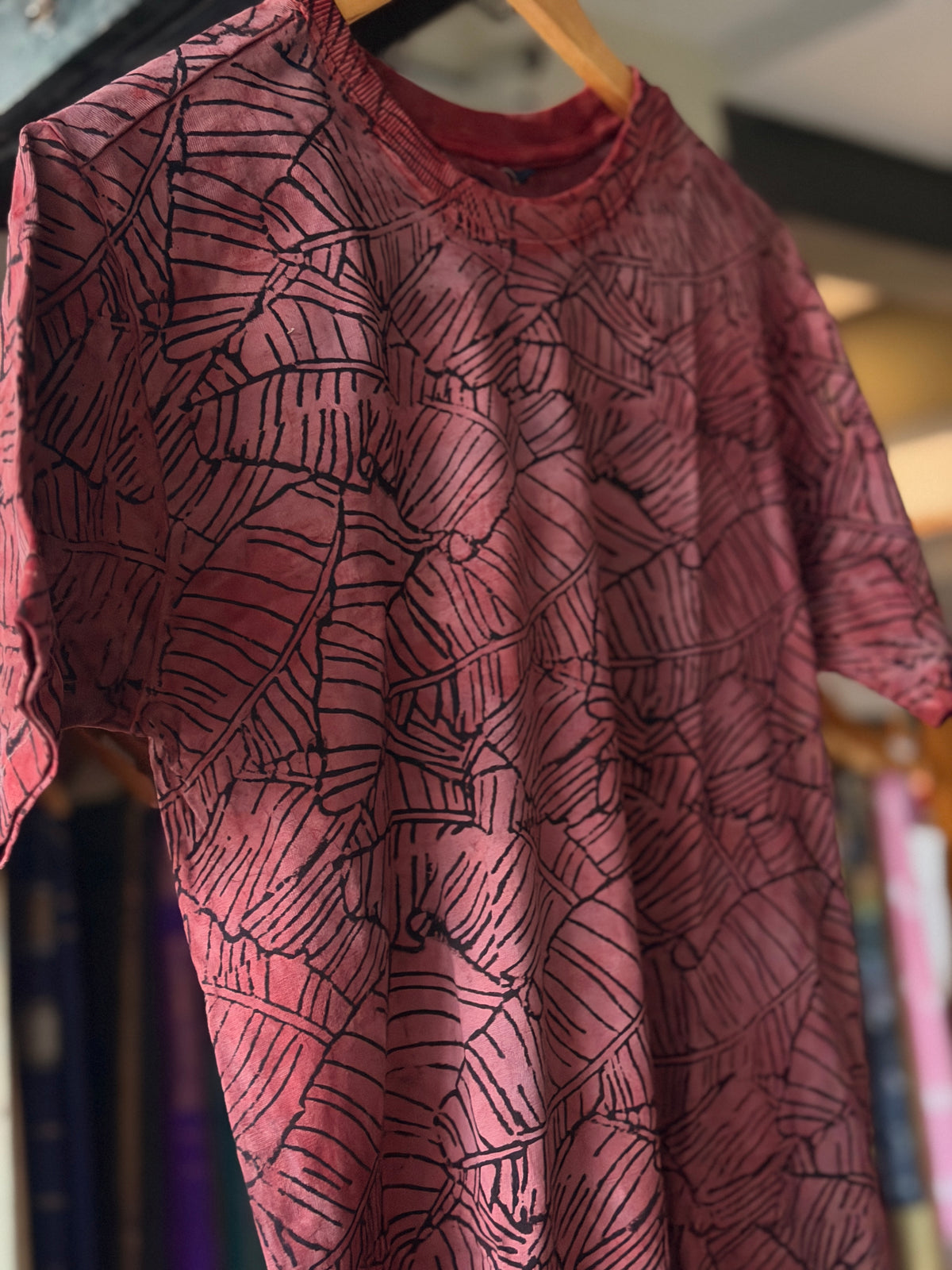Maroonish leaf print cotton tee - hand block printed, natural dyed, unisex cotton t-shirt
