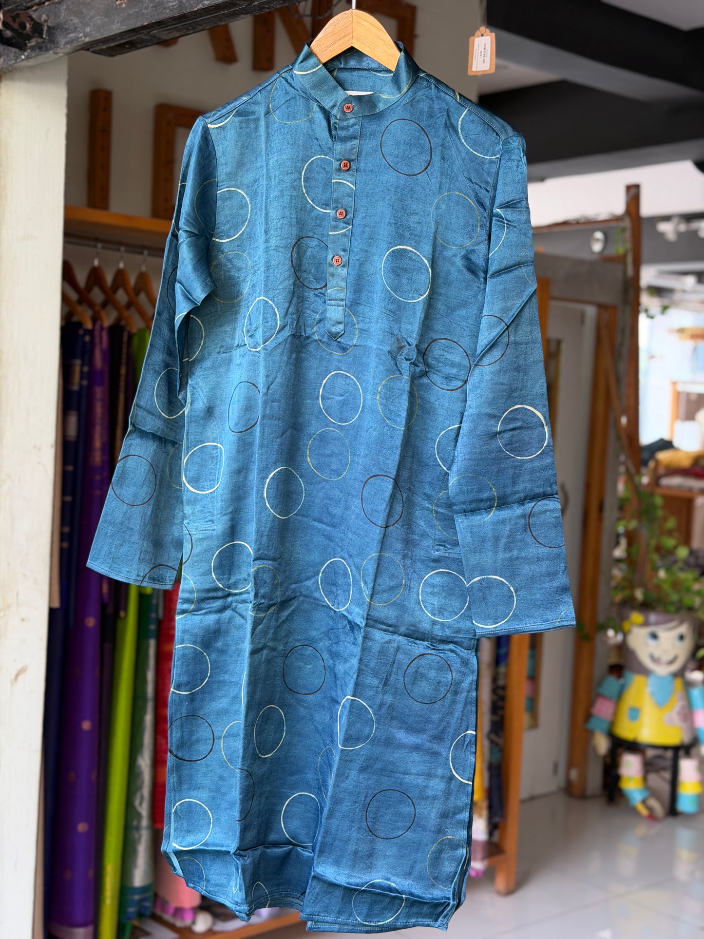 Indigo circles hand block printed Ajrakh mashru long kurta for men