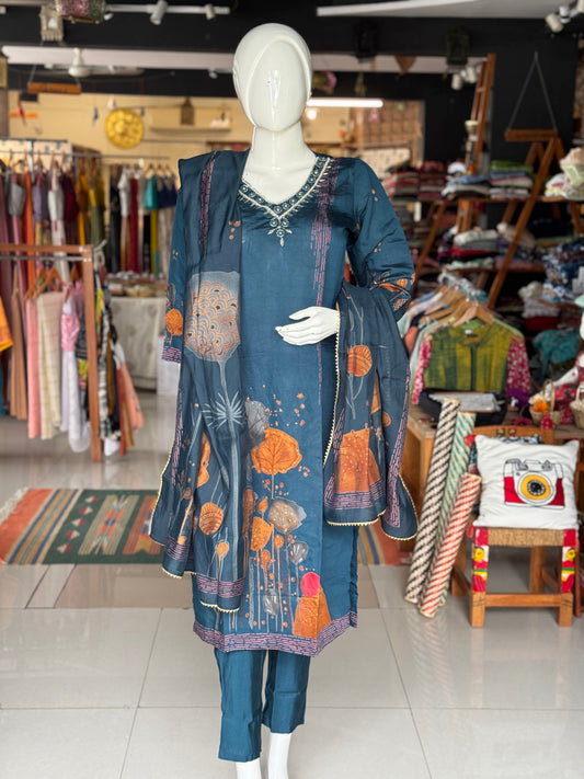 Teal blue panel printed floral modal suit set with matching straight pants and dupatta - 3 piece set