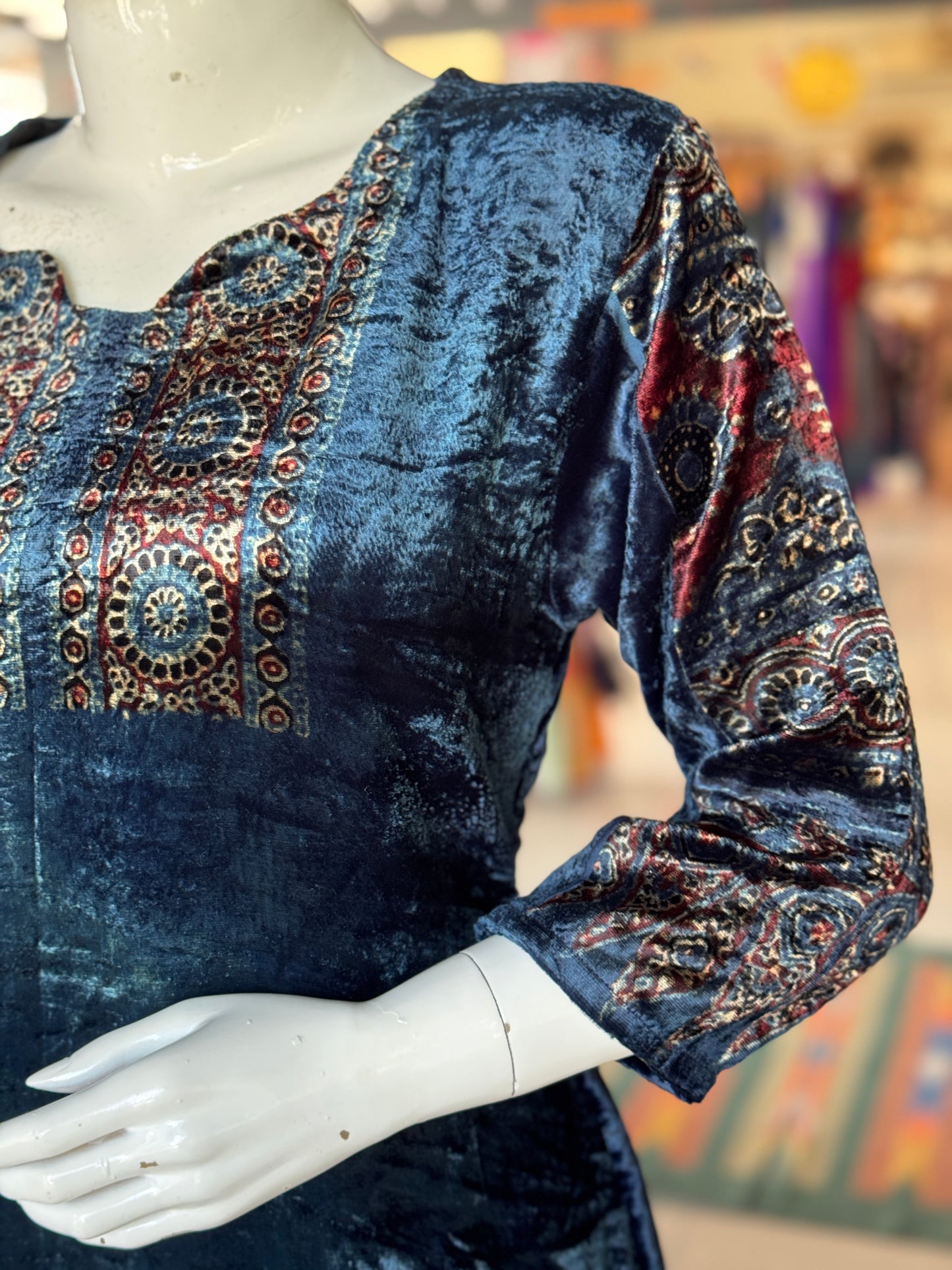 Blue velvet straight kurti with Ajrakh hand block prints - neck and hem detailing