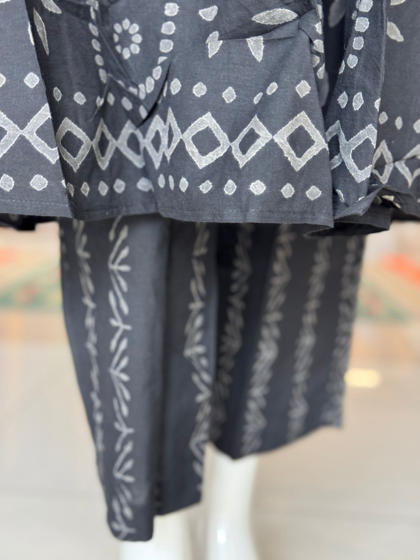 Black with grey hand block printed cotton 3 piece hand block printed set - flared kurti, pants and dupatta