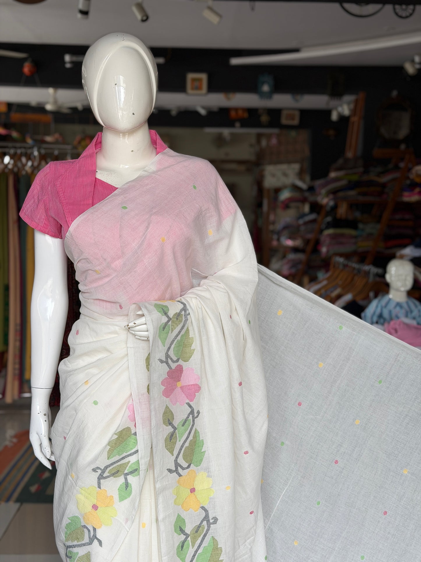 Off white Jamdani soft cotton handloom fabric / yardage saree with multi color floral border