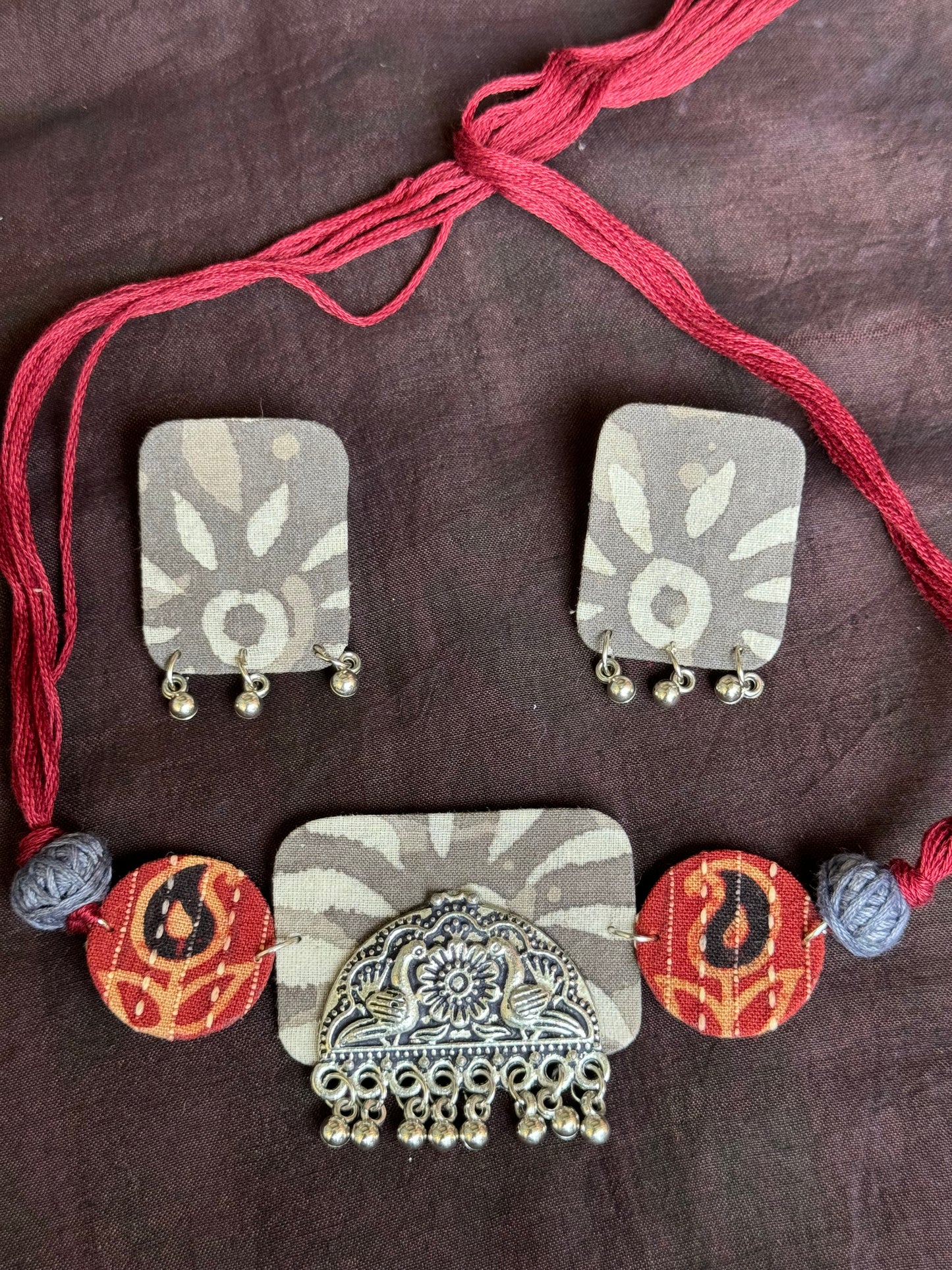 Hand block printed cotton fabric and oxidised silver handcrafted choker neckpiece and earrings set