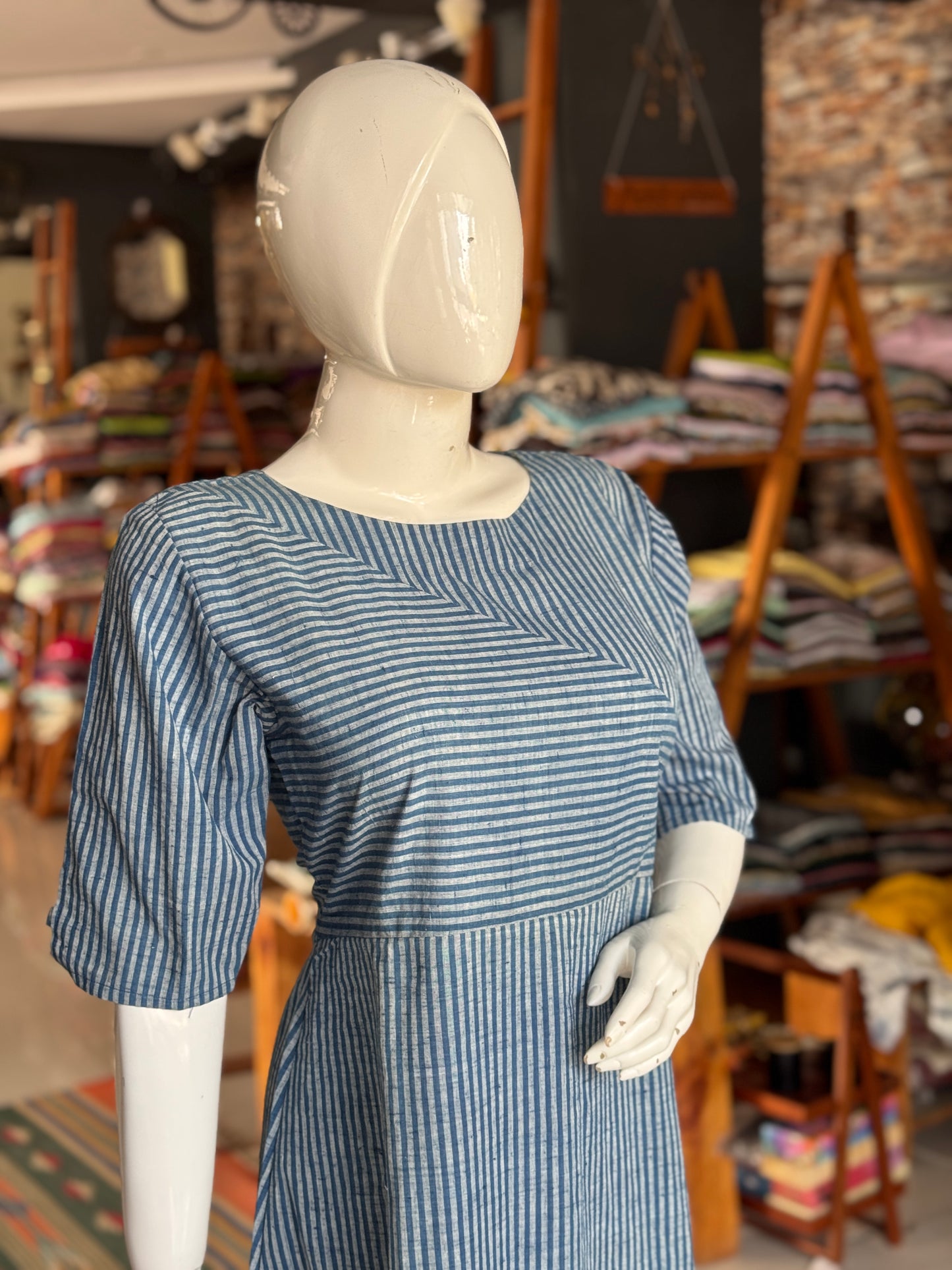 Indigo blue natural dyed, handwoven cotton dress with stripes play
