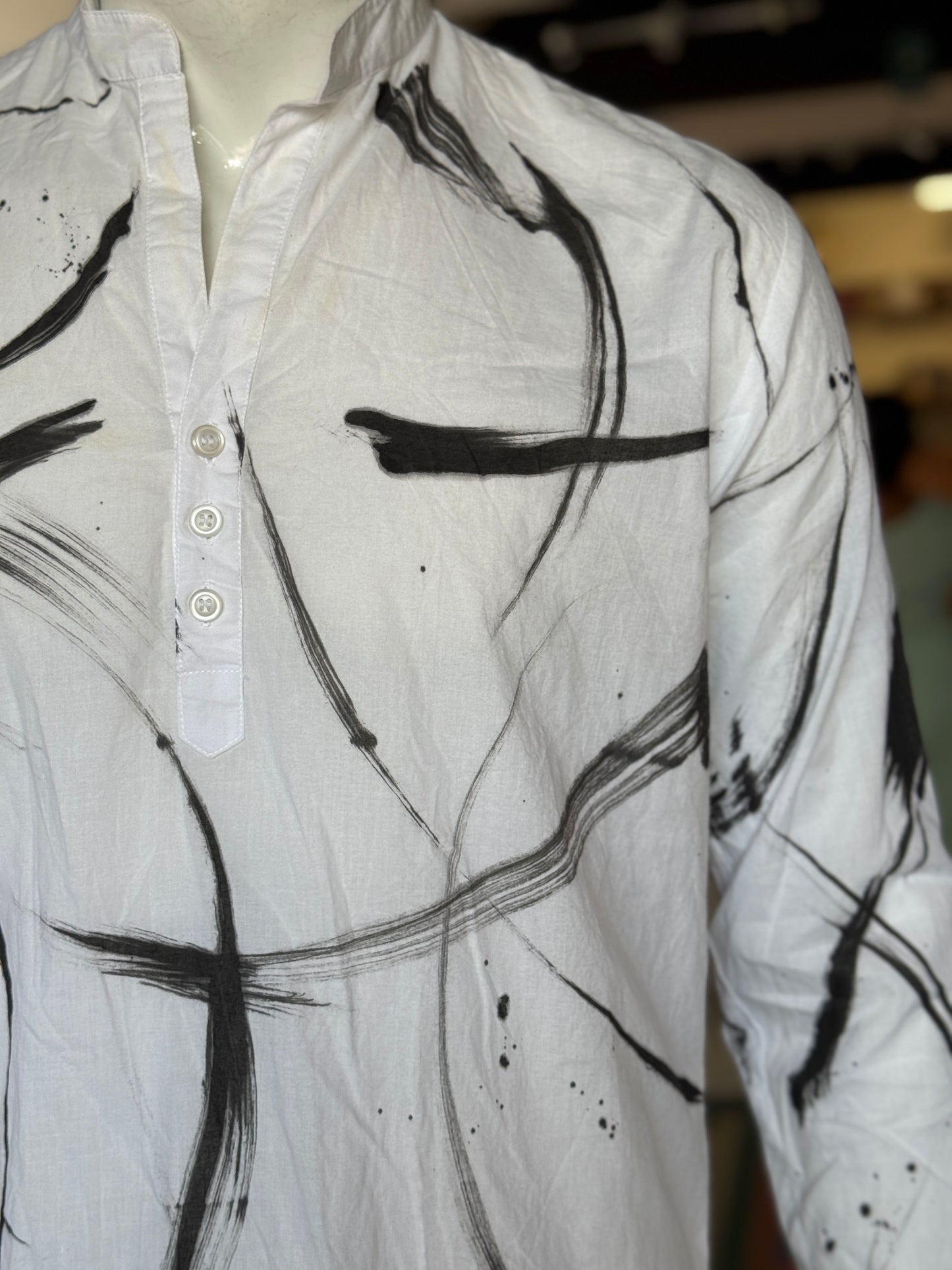 White with black slashes brush painted design full sleeves short kurta
