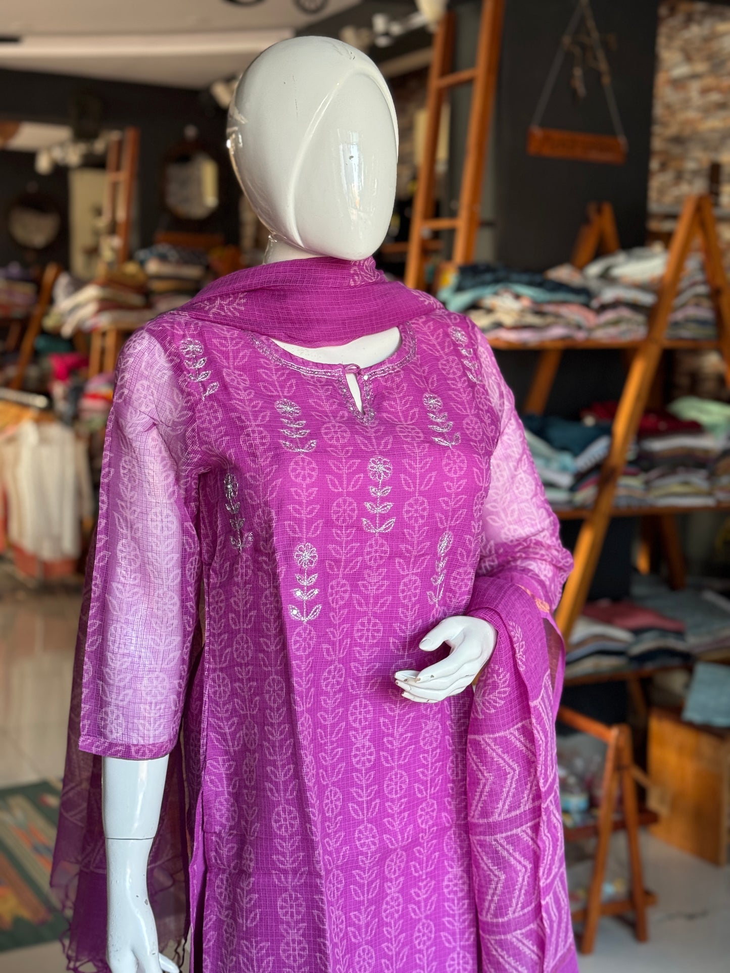 Purple hand block printed kota cotton straight kurti, pants and dupatta set - with hand embroidery