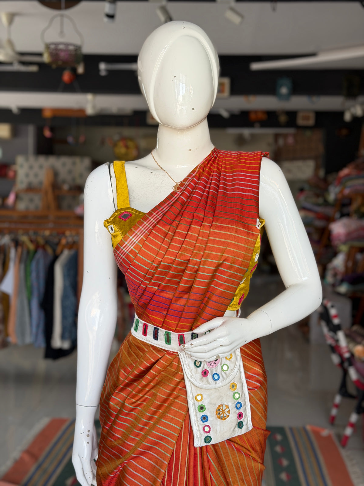 Mashru belt with attached phone pouch - hand embroidered mirror work