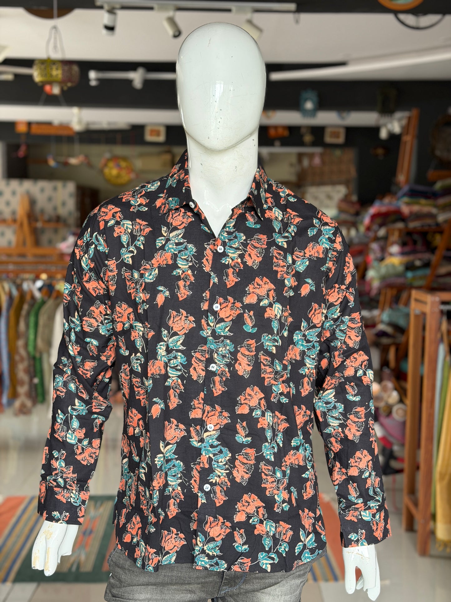 Black floral hand block printed cotton shirt for men