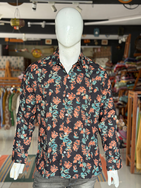 Black floral hand block printed cotton shirt for men