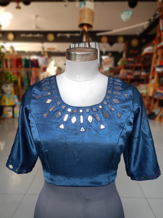 Navy blue mashru blouse with different shapes mirrors embroidered on front and sleeves