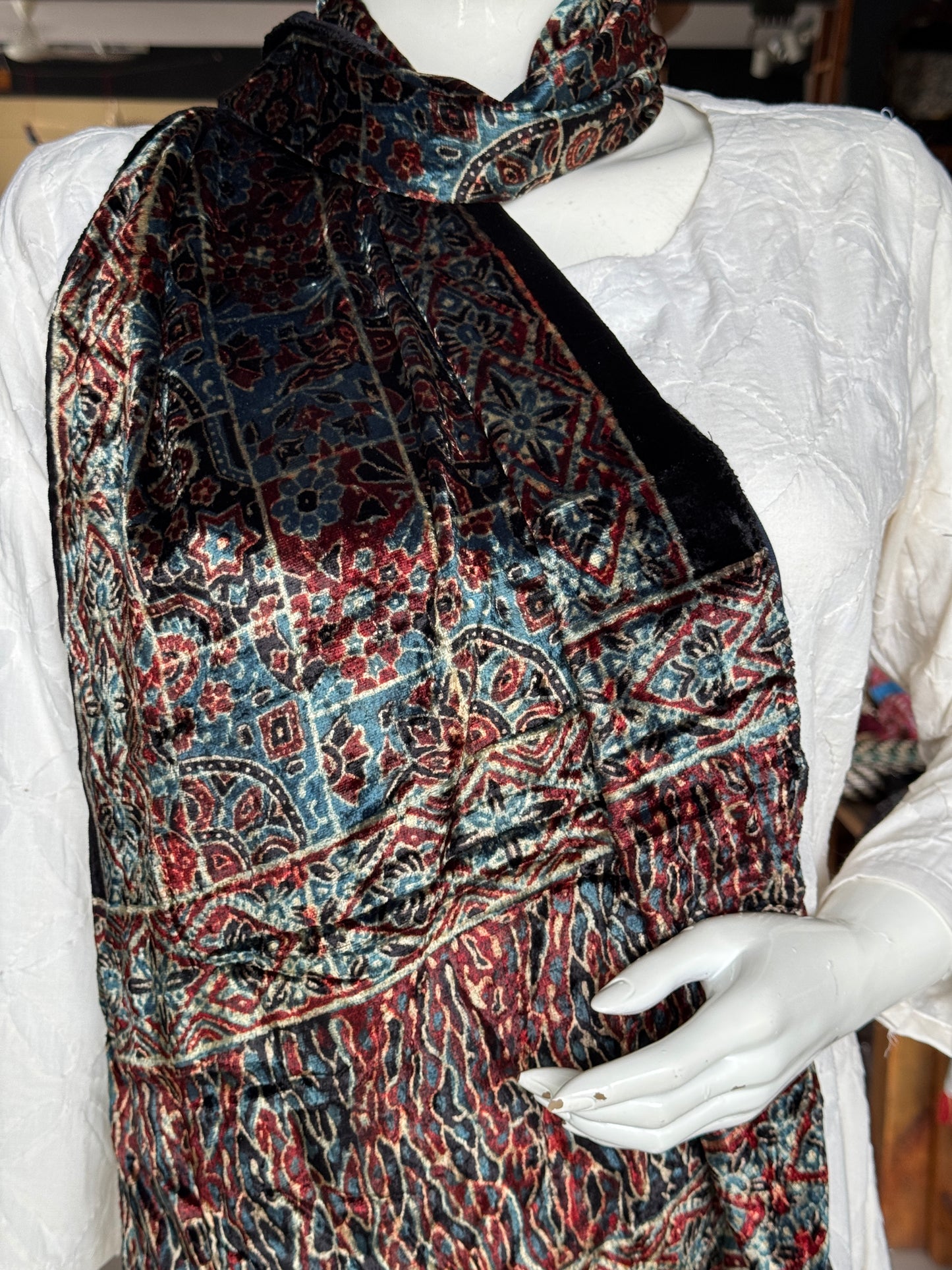 Luxurious Ajrakh hand block printed velvet stole