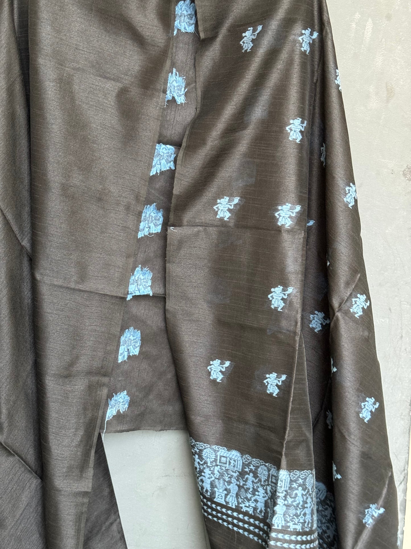 Black hand woven raw silk unstitched kurti fabric with blue tribal motifs