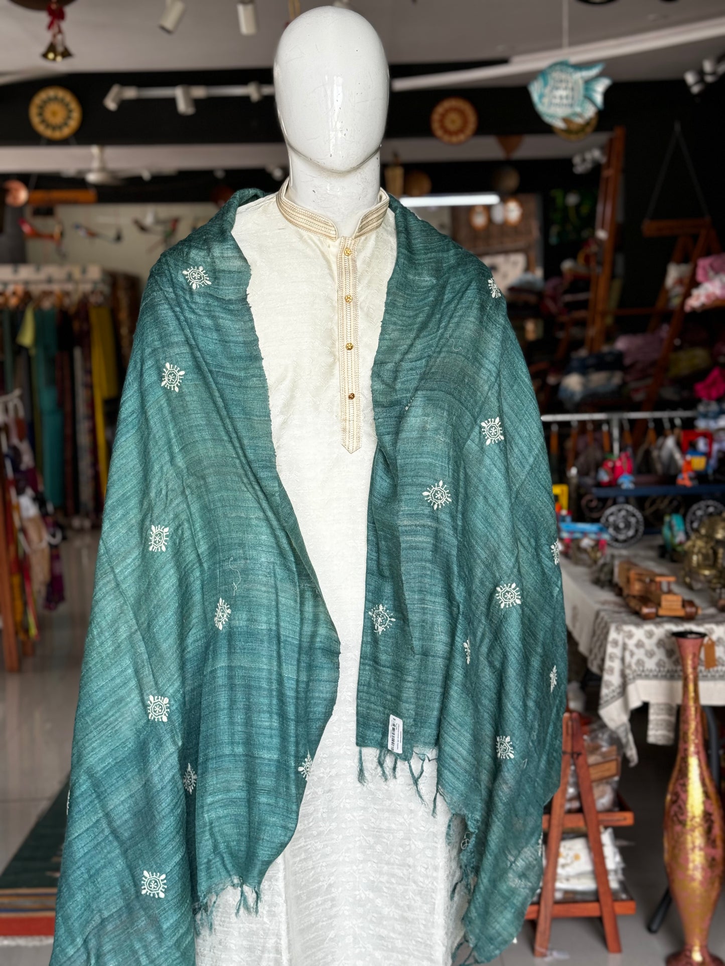 Green chikankari tussar silk dupatta