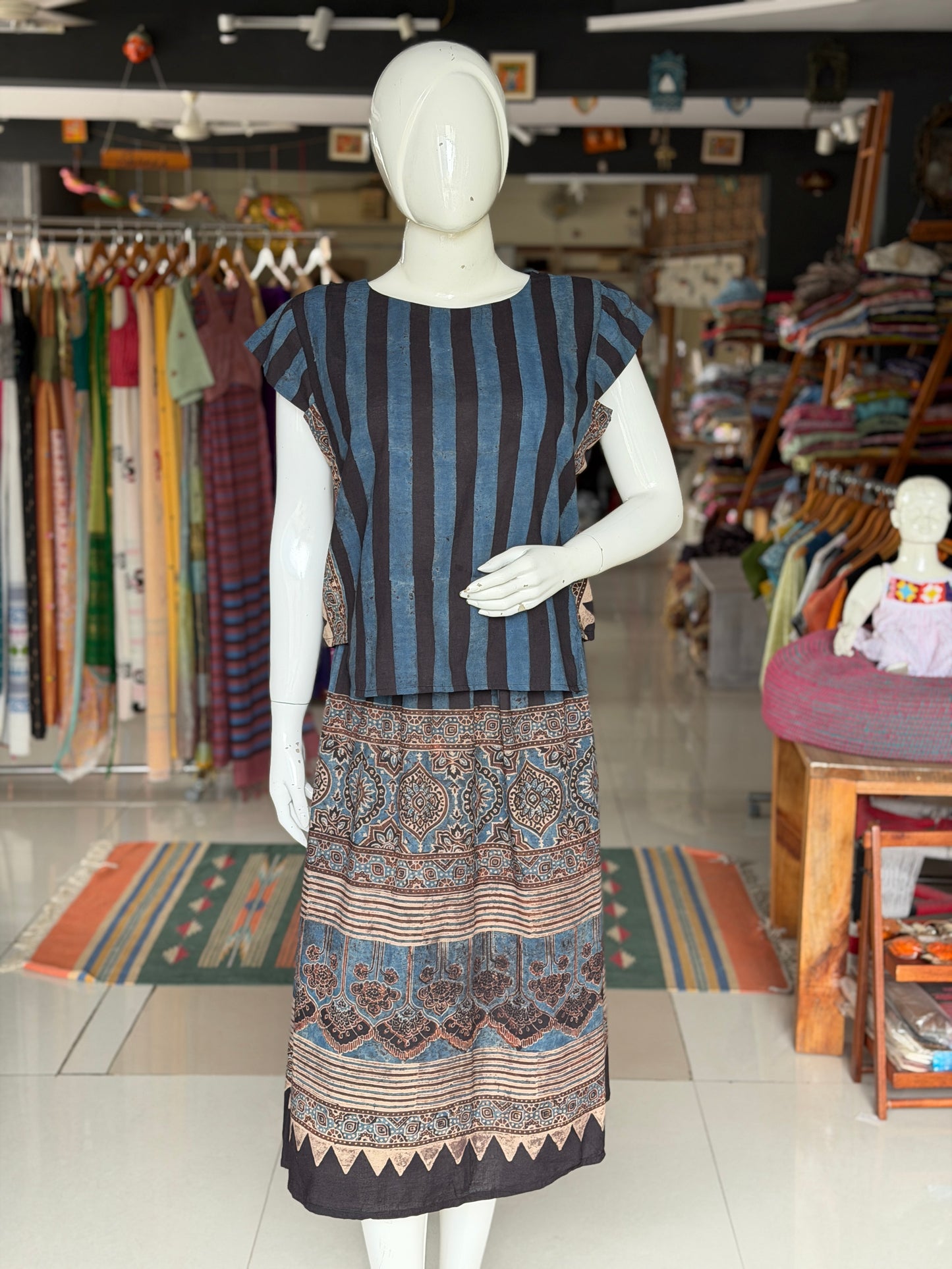 Indigo n black stripes cotton coord set of skirt n top - Ajrakh hand block prints
