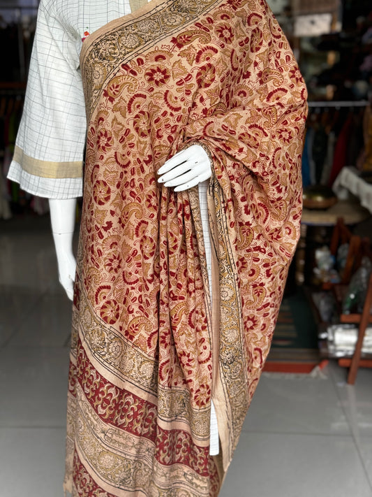 Beige cotton kalamkari handblock printed dupatta with natural dyes - maroon floral print