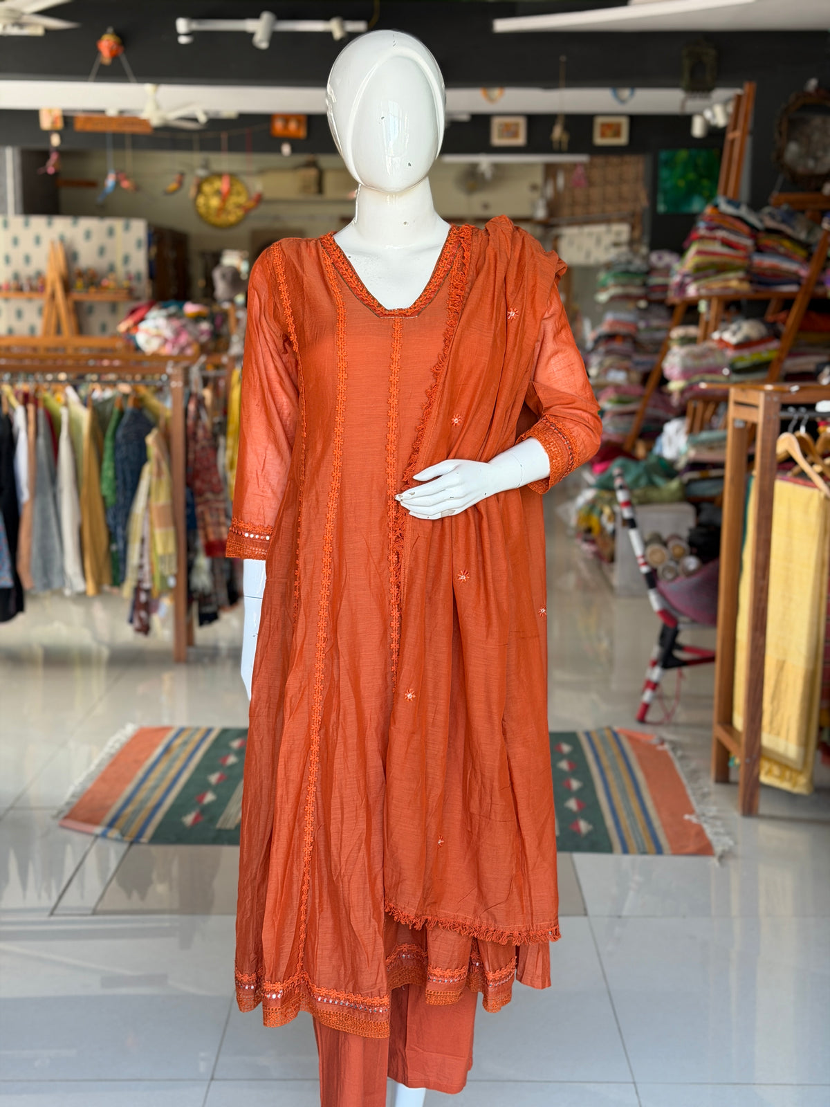 Rust Orange mul chanderi silk 3 piece set: a-line kurti, pants n dupatta
