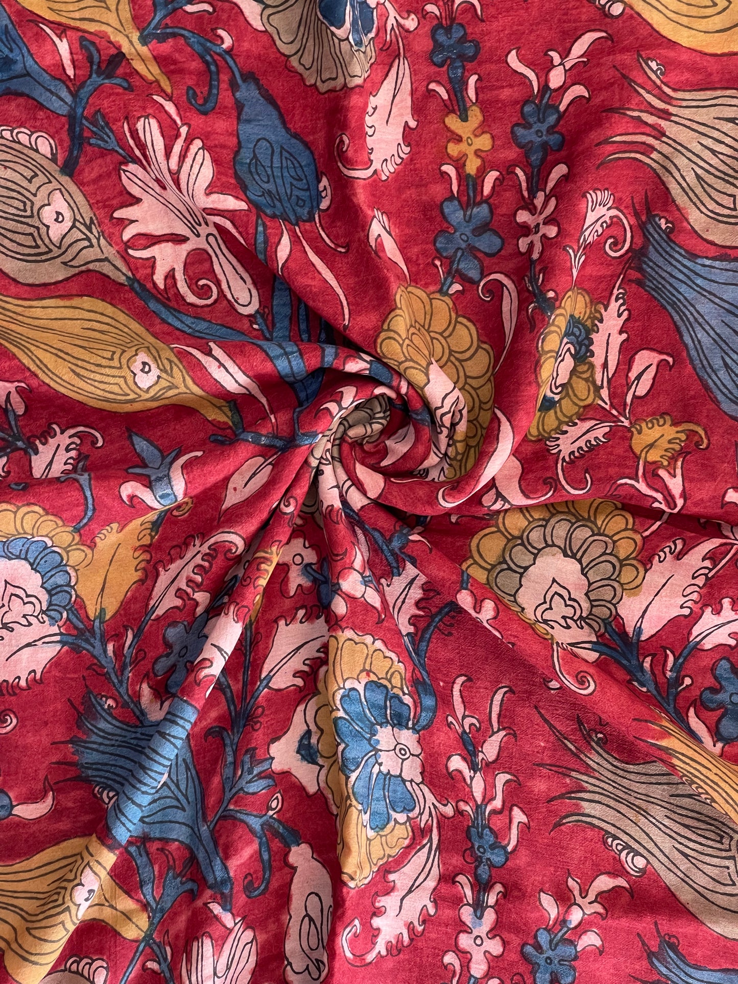 Maroon hand painted pen kalamkari silk fabric with floral design