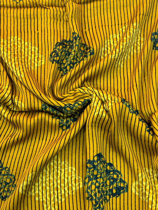 Mustard ajrakh hand block print on soft modal fabric - stripes