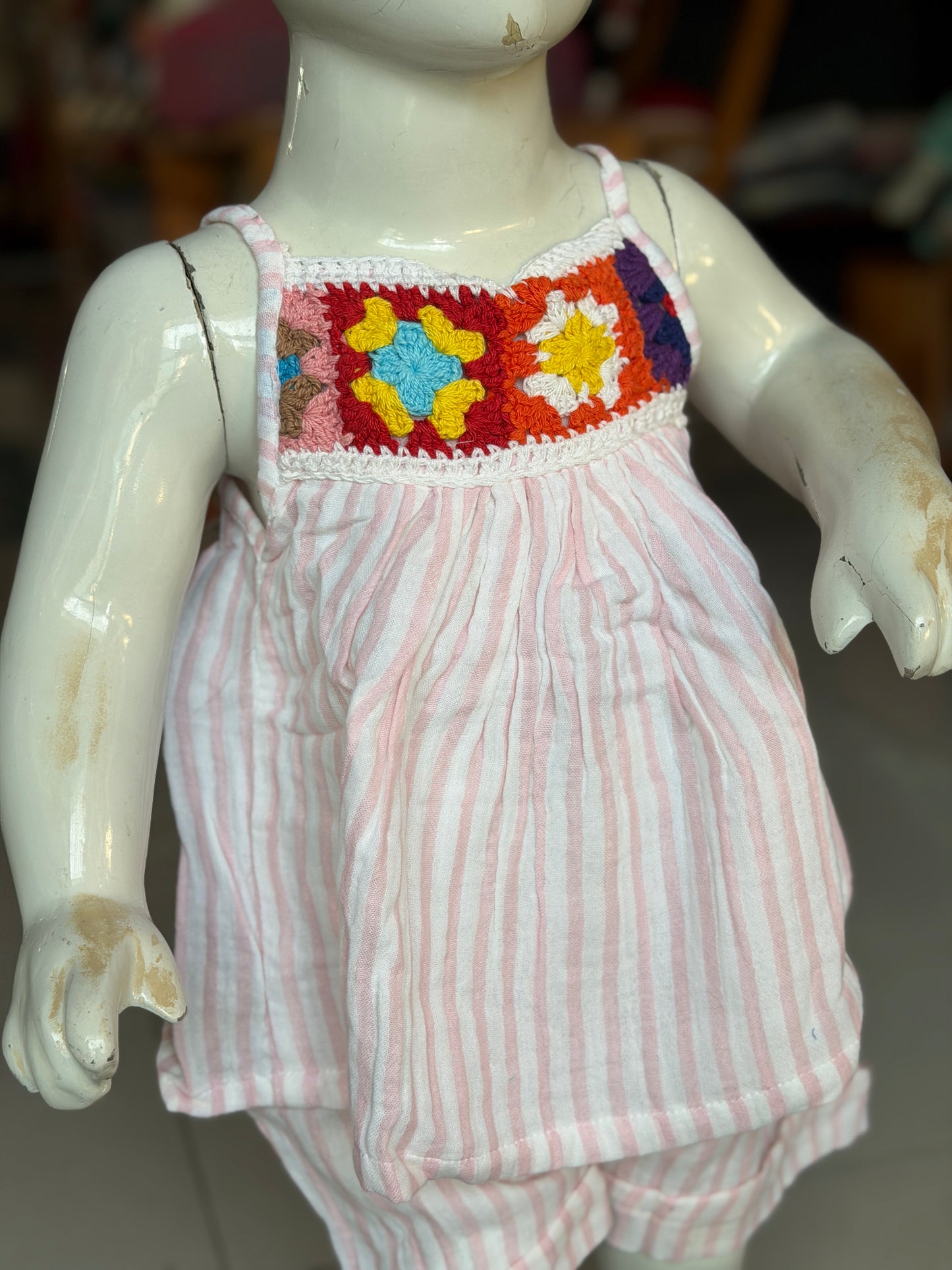 White and pink stripes with crochet yoke spaghetti top and shorts coord set