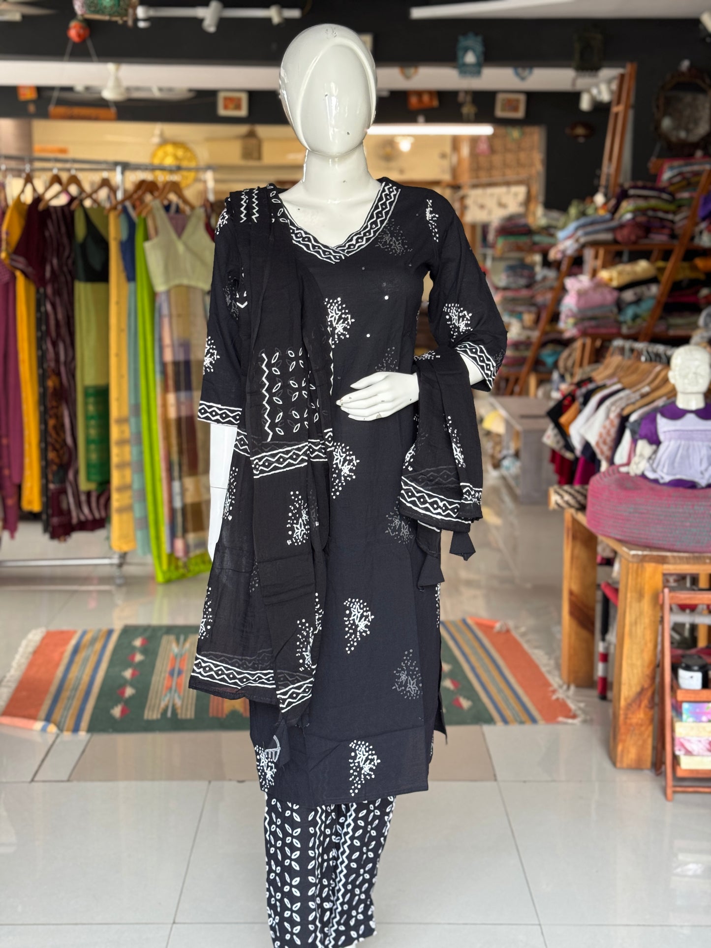 Black cotton 3 piece hand block printed set - straight kurti, pants and dupatta