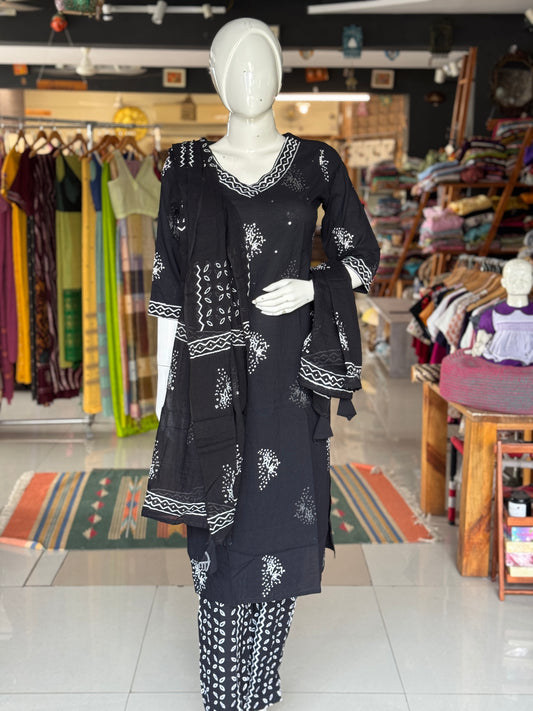 Black cotton 3 piece hand block printed set - straight kurti, pants and dupatta