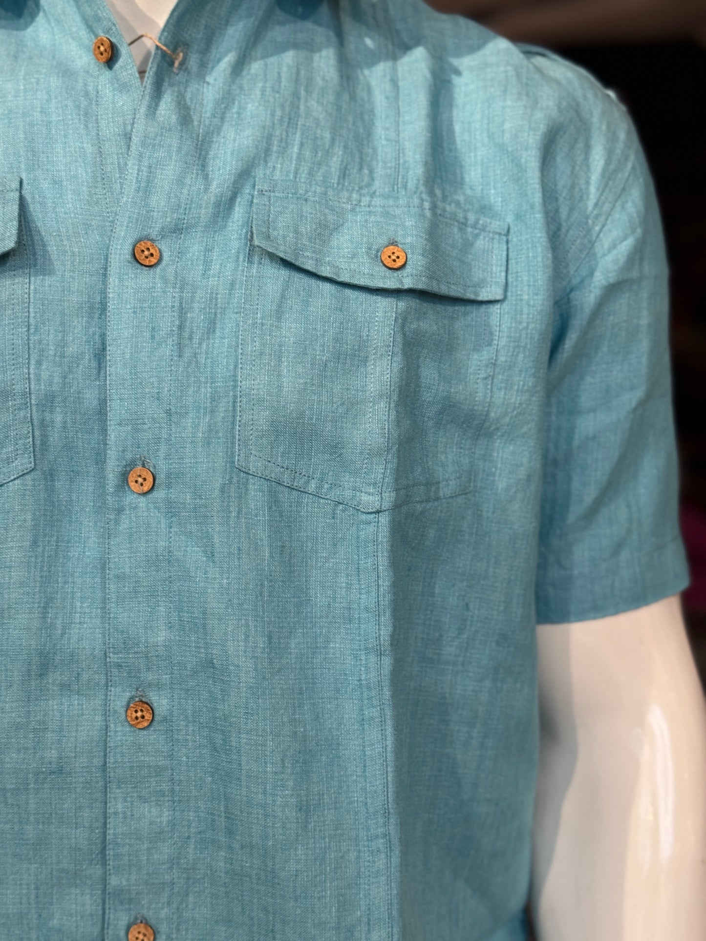 Blue handwoven linen collared shirt for men with wooden buttons