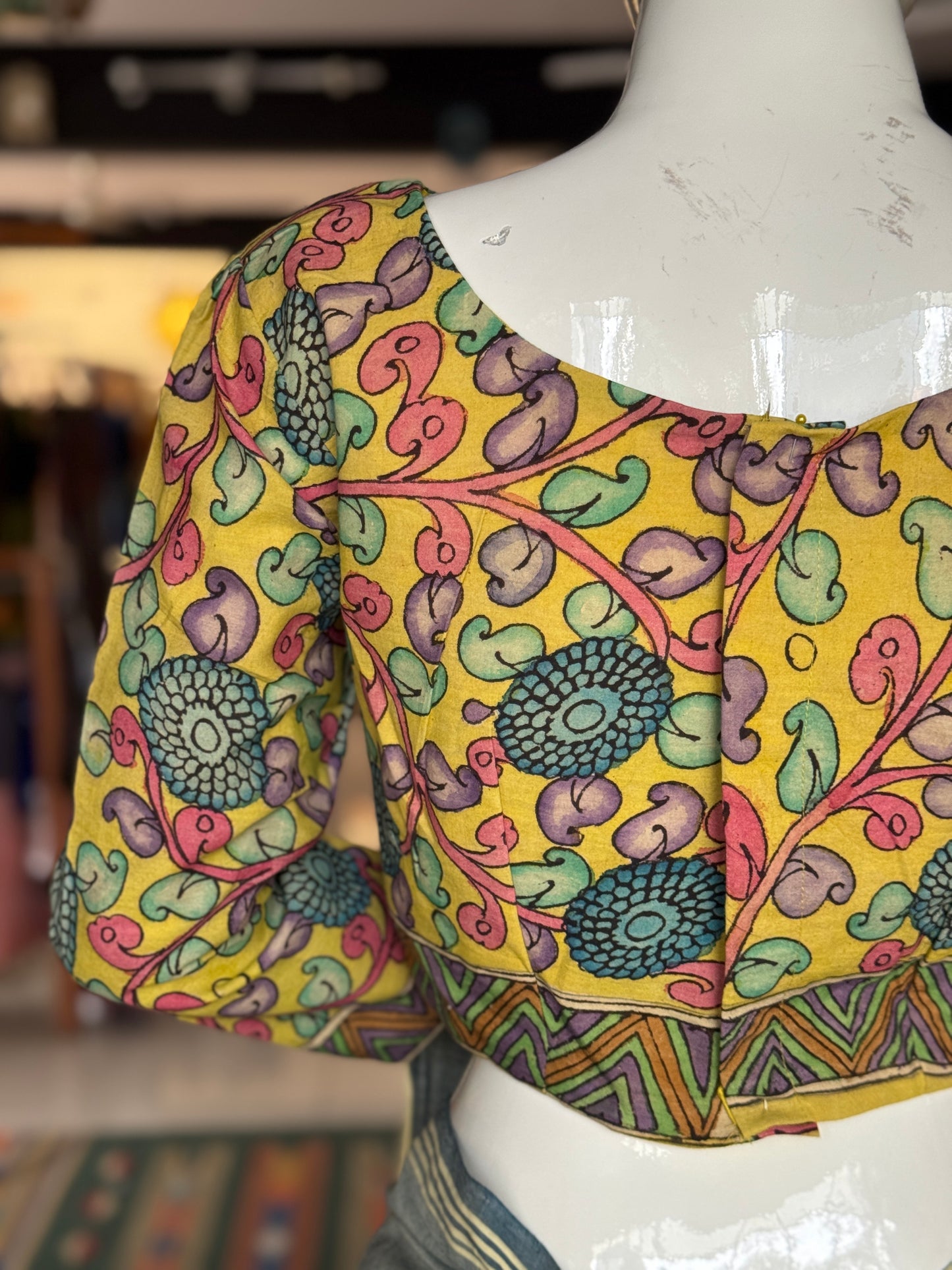 Yellow Pen kalamkari hand painted cotton blouse with long sleeves